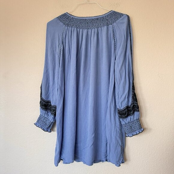 Free People Wind Willow Boho Embroidered Tie Neck Tunic Dress S Oversized Blue - Picture 6 of 7